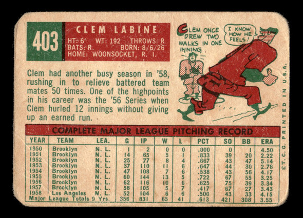 1959 Topps Clem Labine #403 Los Angeles Dodgers Fair back of card