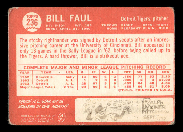 1964 Topps Bill Faul #236 Detroit Tigers VG back of card
