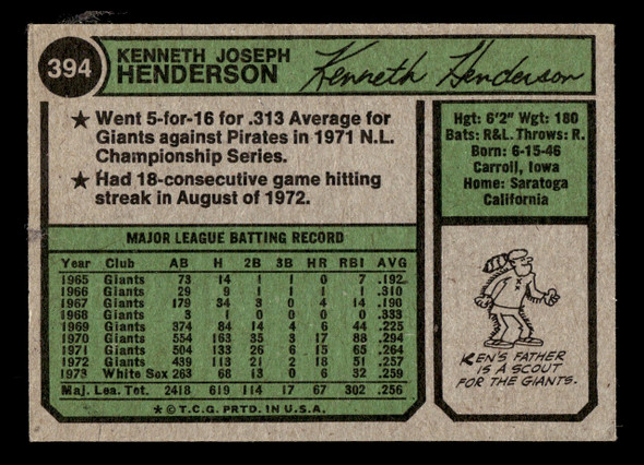 1974 Topps Ken Henderson #394 Chicago White Sox VG back of card