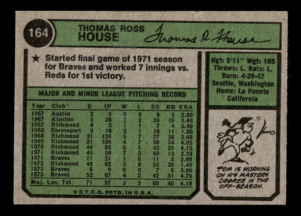 1974 Topps Tom House #164 Atlanta Braves Low Grade - Creases back of card