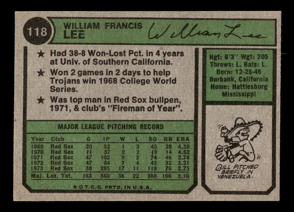 1974 Topps Bill Lee #118 Boston Red Sox VG — Example B back of card