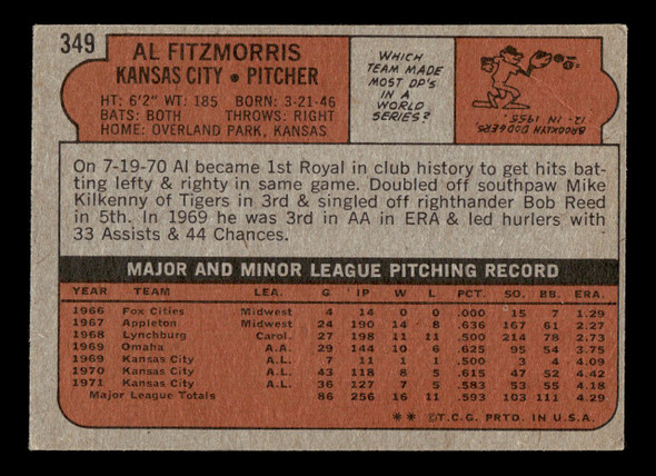 1972 Topps Al Fitzmorris #349 Kansas City Royals VG — Example B back of card