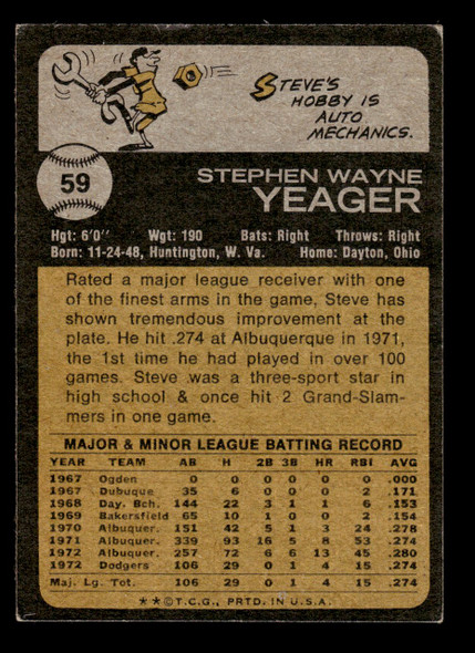 1973 Topps Stephen Wayne Yeager #59 Los Angeles Dodgers RC Good back of card