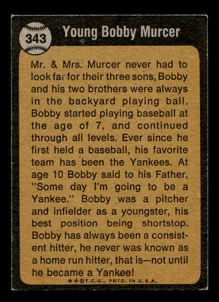 1973 Topps Bobby Murcer #343 VG Example B back of card