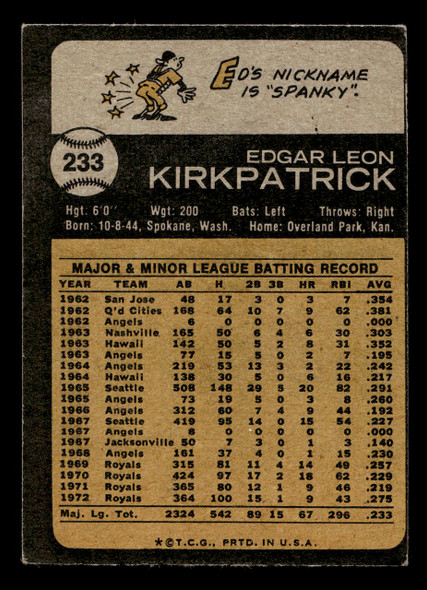 1973 Topps Ed Kirkpatrick #233 Kansas City Royals VG back of card