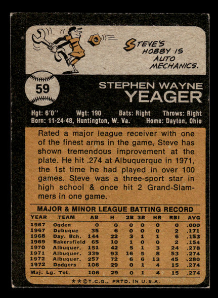 1973 Topps Steve Yeager #59 Los Angeles Dodgers RC Low Grade - Creases back of card