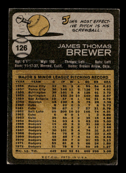 1973 Topps Jim Brewer #126 Los Angeles Dodgers VG back of card