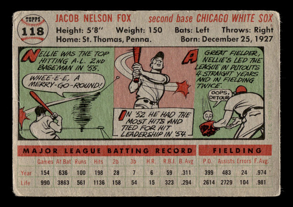 1956 Topps Nellie Fox #118 CHICAGO WHITE SOX HOF VG back of card