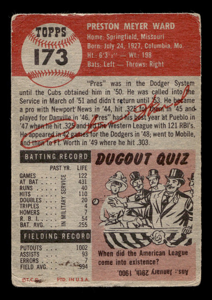 1953 Topps Preston Meyer Ward #173 Chicago Cubs Low Grade - Creases back of card