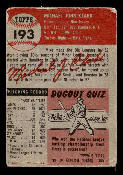 1953 Topps Mike Clark #193 St. Louis Cardinals VG back of card