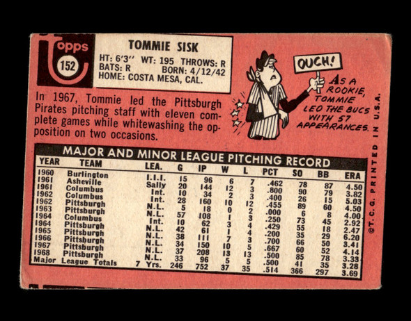 1969 Topps Tommie Sisk #152 Pittsburgh Pirates VG back of card