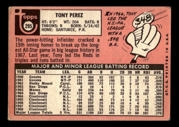 1969 Topps Tony Perez #295 Cincinnati Reds HOF VG-EX back of card