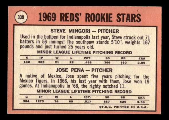 1969 Topps Steve Mingori / Jose Pena #339 Reds Rookies RC VG-EX back of card
