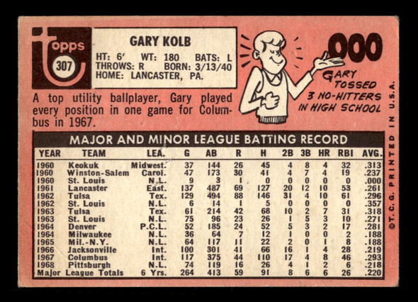 1969 Topps Gary Kolb #307 Pittsburgh Pirates VG-EX back of card