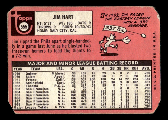 1969 Topps Jim Ray Hart #555 San Francisco Giants VG-EX back of card
