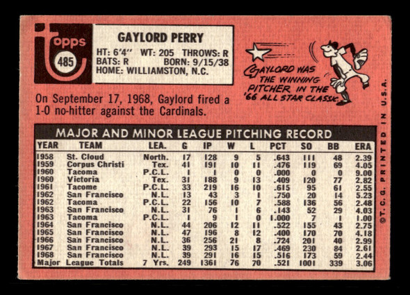 1969 Topps Gaylord Perry #485 San Francisco Giants HOF VG-EX back of card