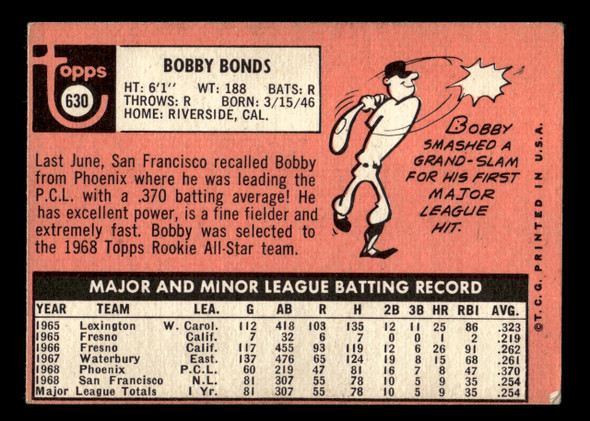 1969 Topps Bobby Bonds #630 San Francisco Giants High Number VG-EX back of card