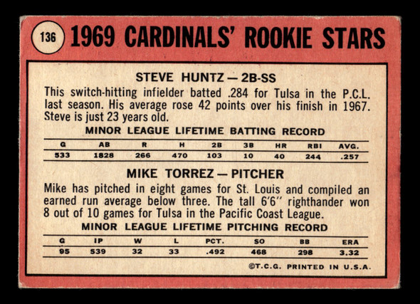1969 Topps Steve Huntz / Mike Torrez #136 Cardinals Rookies RC VG-EX back of card