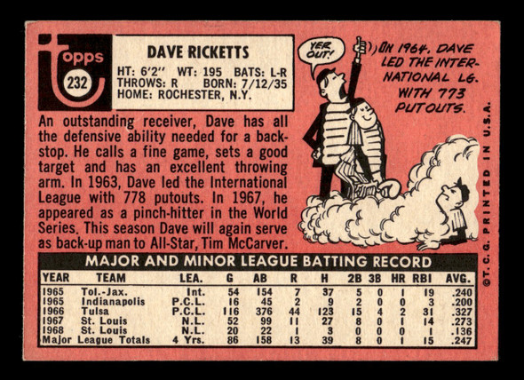 1969 Topps Dave Ricketts #232 St. Louis Cardinals VG-EX back of card