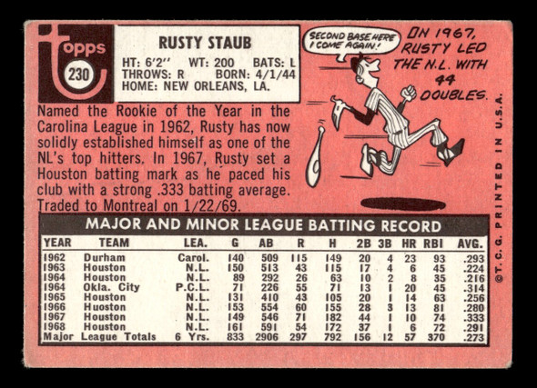 1969 Topps Rusty Staub #230 Montreal Expos VG-EX back of card