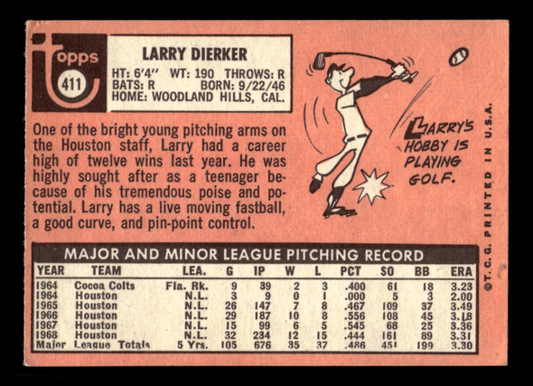 1969 Topps Larry Dierker #411 Houston Astros VG-EX — Example A back of card