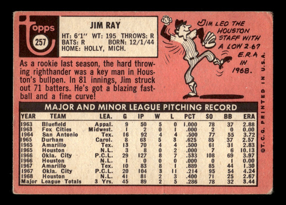 1969 Topps Jim Ray #257 Houston Astros VG-EX back of card