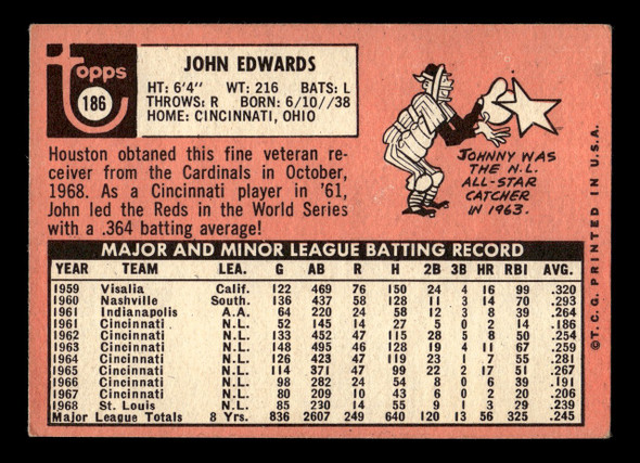 1969 Topps Johnny Edwards #186 Houston Astros VG-EX back of card