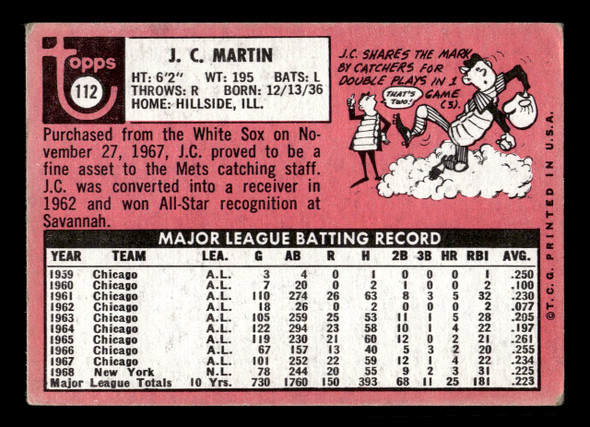 1969 Topps J.C. Martin #112 New York Mets VG-EX — Example A back of card