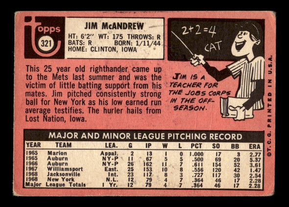 1969 Topps Jim McAndrew #321 New York Mets VG-EX back of card