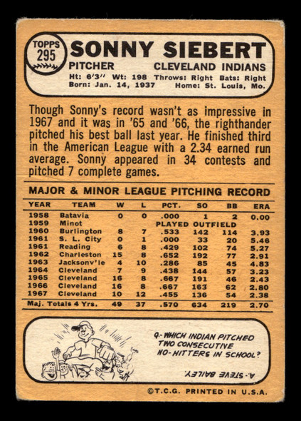 1968 Topps Sonny Siebert #295 Cleveland Indians VG-EX back of card