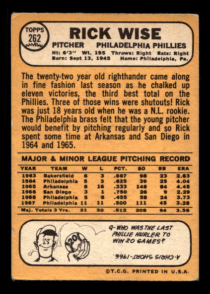 1968 Topps Rick Wise #262 Philadelphia Phillies VG-EX back of card