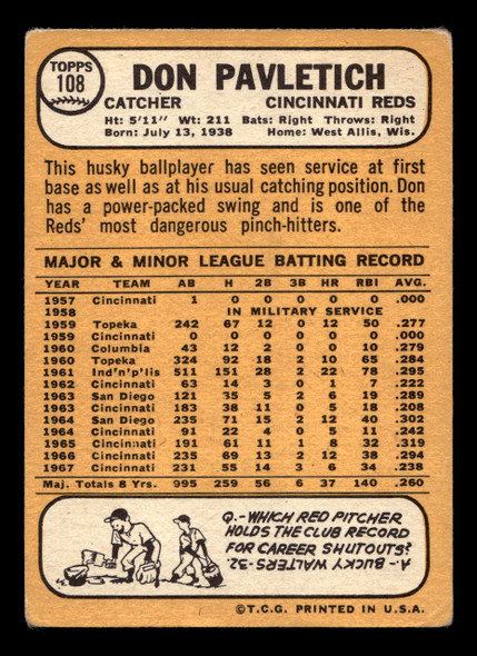 1968 Topps Don Pavletich #108 Cincinnati Reds VG-EX back of card