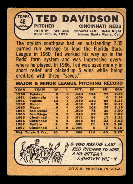 1968 Topps Ted Davidson #48 Cincinnati Reds VG-EX back of card