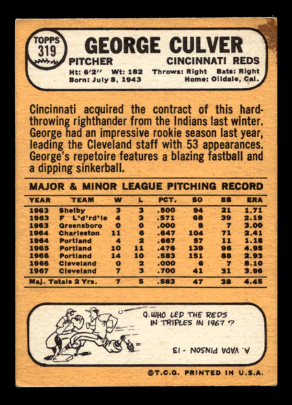 1968 Topps George Culver #319 Cincinnati Reds VG-EX back of card