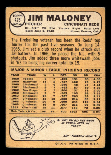 1968 Topps Jim Maloney #425 Cincinnati Reds VG-EX back of card