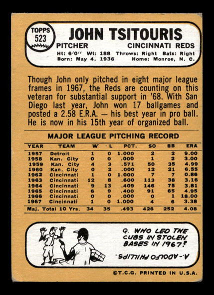 1968 Topps John Tsitouris #523 Cincinnati Reds VG-EX back of card
