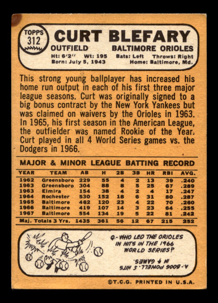 1968 Topps Curt Blefary #312 Baltimore Orioles VG-EX back of card