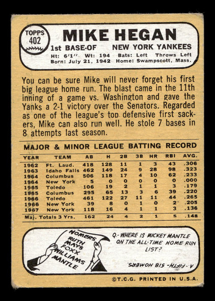1968 Topps Mike Hegan #402 New York Yankees VG-EX back of card