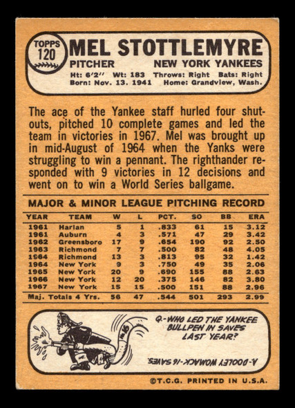 1968 Topps Mel Stottlemyre #120 New York Yankees VG-EX back of card