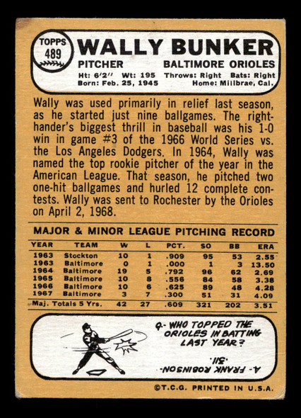 1968 Topps Wally Bunker #489 Baltimore Orioles VG-EX back of card