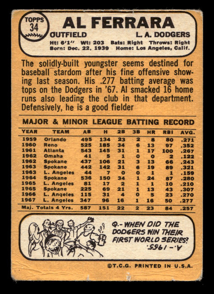 1968 Topps Al Ferrara #34 Los Angeles Dodgers VG-EX back of card