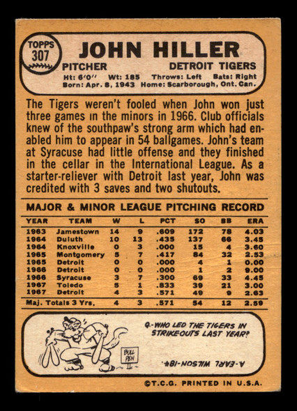 1968 Topps John Hiller #307 Detroit Tigers VG-EX back of card