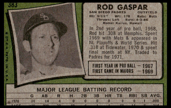 1971 Topps Rod Gaspar #383 San Diego Padres VG back of card