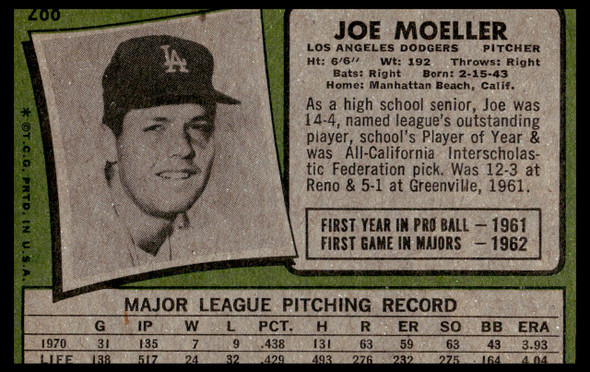 1971 Topps Joe Moeller #200 Los Angeles Dodgers VG back of card