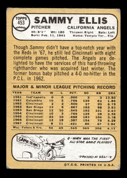 1968 Topps Sammy Ellis #453 California Angels VG-EX back of card