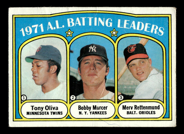 1972 Topps Tony Oliva / Bobby Murcer / Merv Rettenmund #86 1971 AL Batting Leaders HOF VG-EX front of card