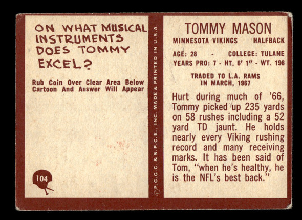 1967 Philadelphia Tommy Mason #104 Minnesota Vikings Low Grade - Creases back of card