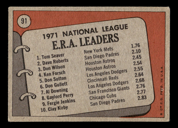 1972 Topps Tom Seaver / Dave Roberts / Don Wilson #91 1971 NL ERA Leaders HOF VG-EX back of card