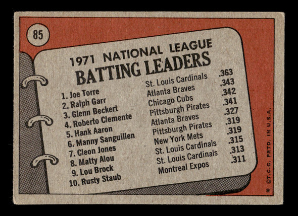 1972 Topps Joe Torre / Ralph Garr / Glenn Beckert #85 1971 NL Batting Leaders HOF VG-EX back of card