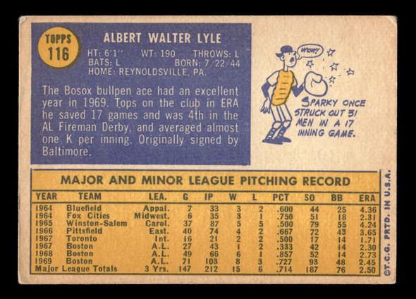 1970 Topps Sparky Lyle #116 Boston Red Sox VG-EX back of card